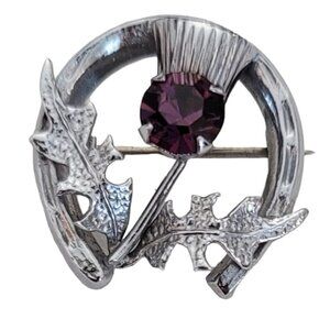 Mizpah Silver Tone Purple Rhinestone Scottish Thistle Horseshoe Leaf Pin, M737